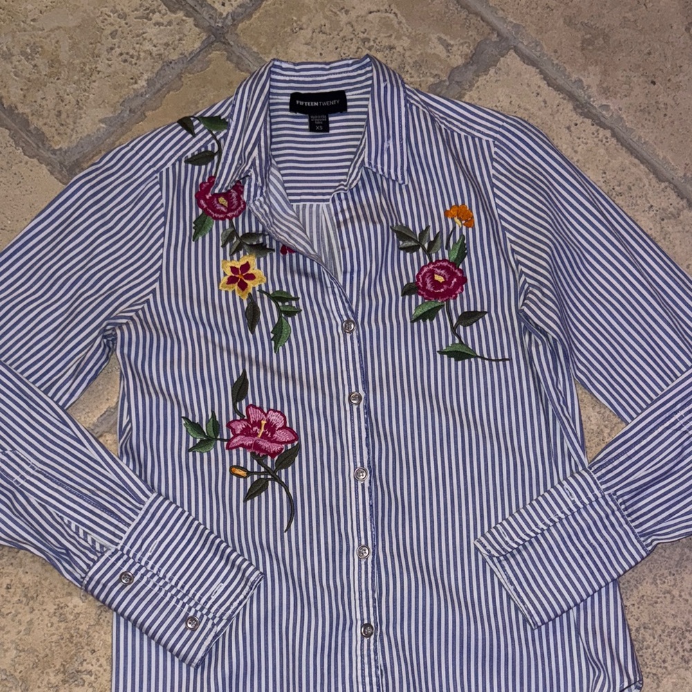 Fifteen Twenty Blue Striped Shirt with Floral Embroidery